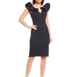 Eliza J Scuba V-Neck Ruffle Sleeveless Sheath Dress